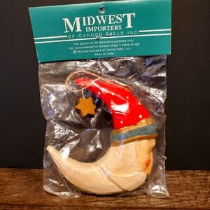 Vintage Wood Carved Ornament Moon With Holiday Hat. Christmas.